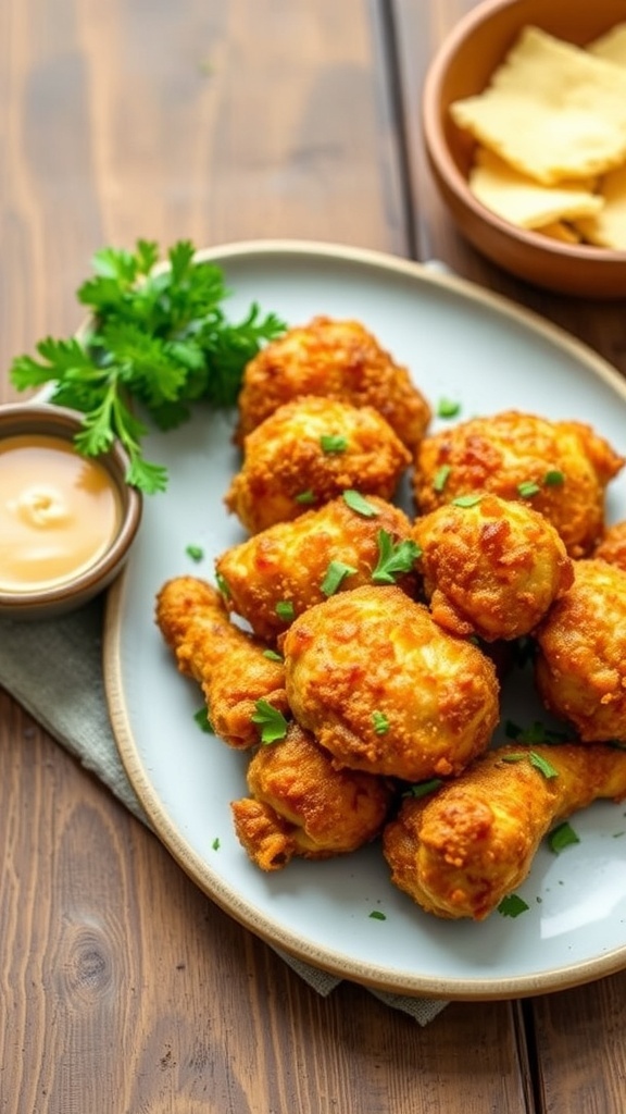 Crispy Air Fryer Gluten-Free Chicken Recipe Crispy gluten-free chicken pieces on a plate with herbs and dipping sauce.